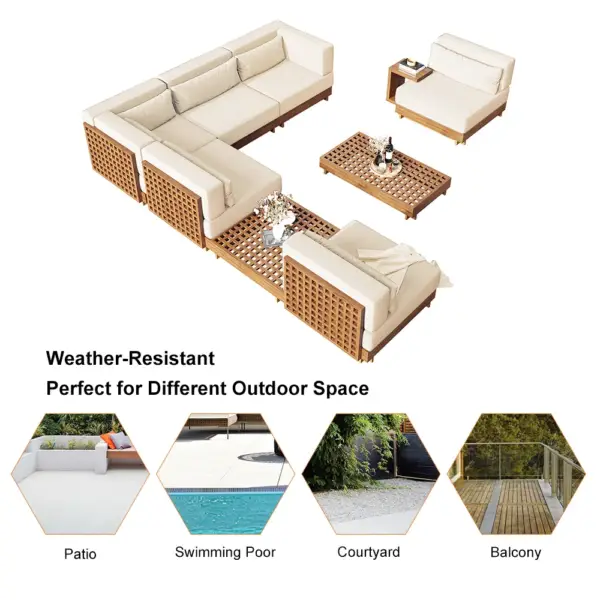 9 Pieces Teak Modular Outdoor Patio Sectional Sofa Set with Coffee Table and Cushion - Image 7