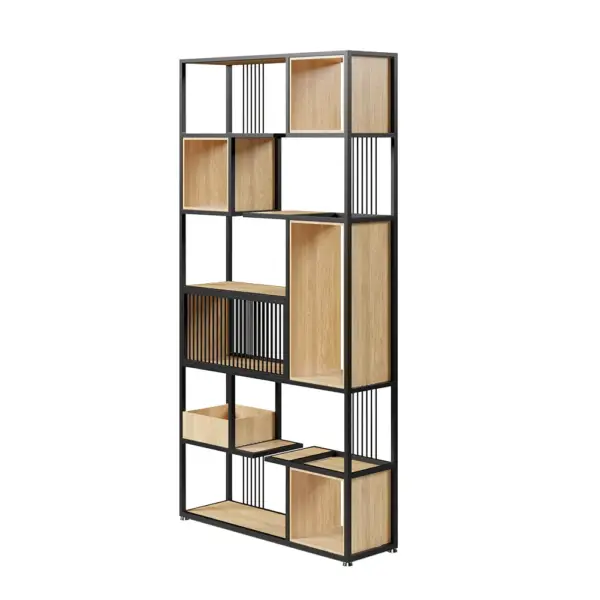 2000mm Modern Black Steel Geometric Bookcase 6-Tier Bookshelf Wooden Tall Book Shelf - Image 16