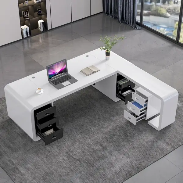 2200mm L-Shaped Modern Executive Desk of Right Hand with Drawers in White & Black - Image 4