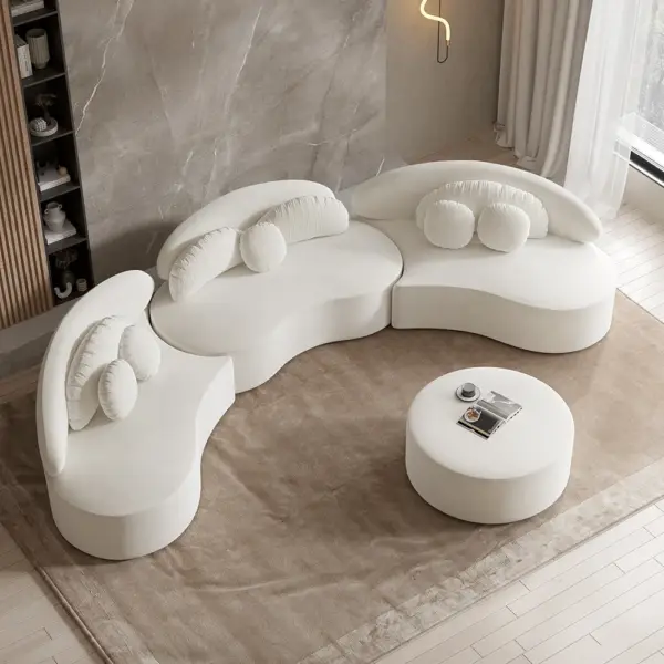Modern 7 Seat Sectional Sofa Curved Modular Beige Velvet Upholstered with Ottoman - Image 5