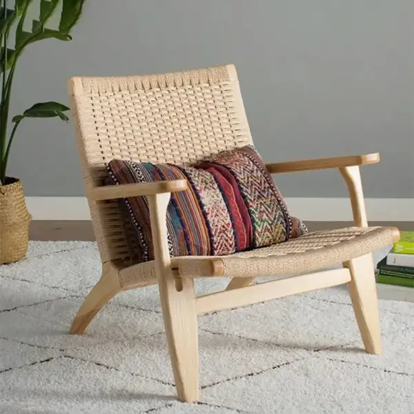 Japandi Solid Wood Outdoor Patio Lounge Chair Armchair Kraft Paper Rope Woven Seat - Image 2