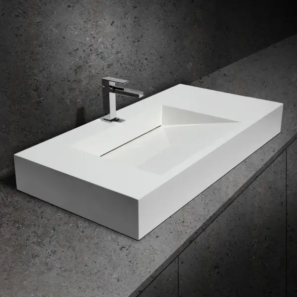1000mm Wall-Hung Stone Resin Rectangle Bathroom Ramped Basin in Matte White - Image 2