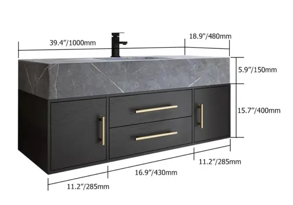 Modern 1000mm Floating Black Bathroom Vanity Stone Top Wall Mounted Bathroom Cabinet - Image 8