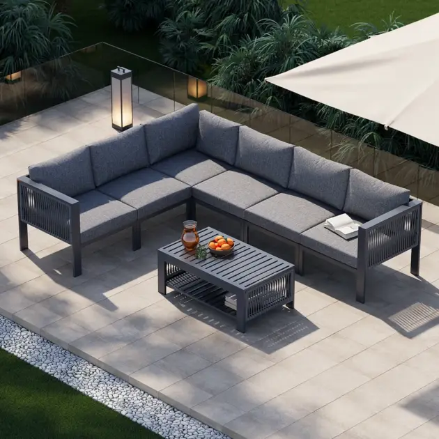 7 Pieces Modern L Shape Patio Outdoor Sectional Sofa Set with Coffee Table in Gray for 6