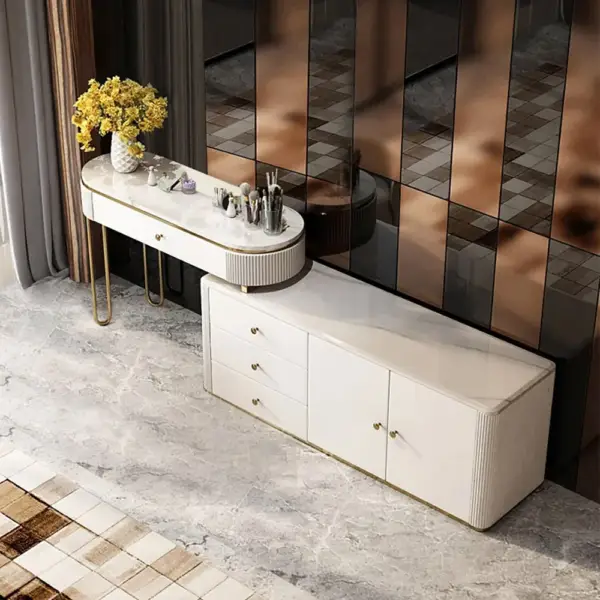 Oboval Modern Marble Top Makeup Vanity Dressing Table with Corner Cabinet - Image 2