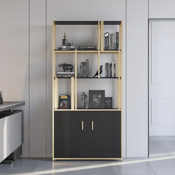 2000mm 5-Tier Black & Gold Bookshelf with 2 Doors Storage Cabinet
