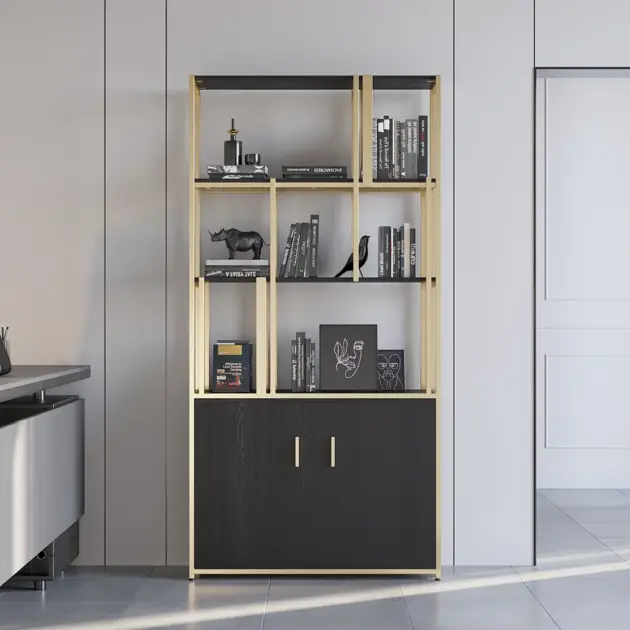 2000mm 5-Tier Black & Gold Bookshelf with 2 Doors Storage Cabinet