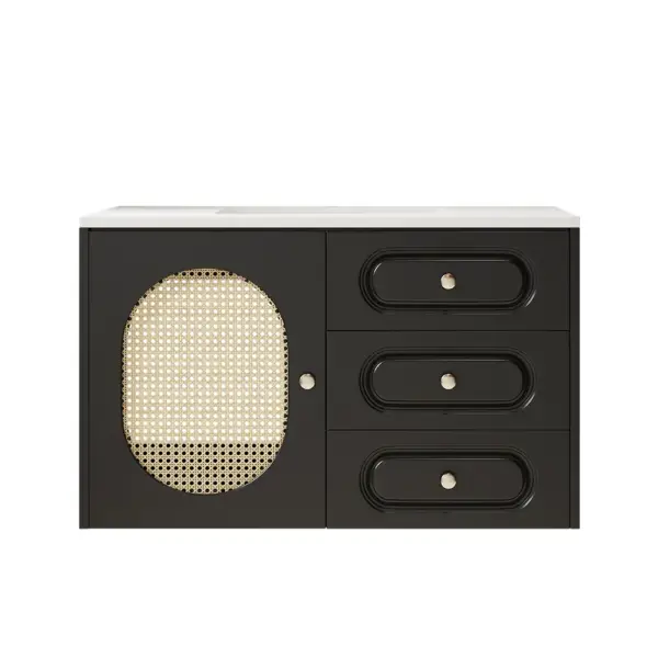 800mm Black Floating Bathroom Vanity Undermount Ceramic Sink with Rattan Door Cabinet - Image 5