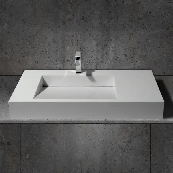 1000mm Wall-Hung Stone Resin Rectangle Bathroom Ramped Basin in Matte White - Image 6