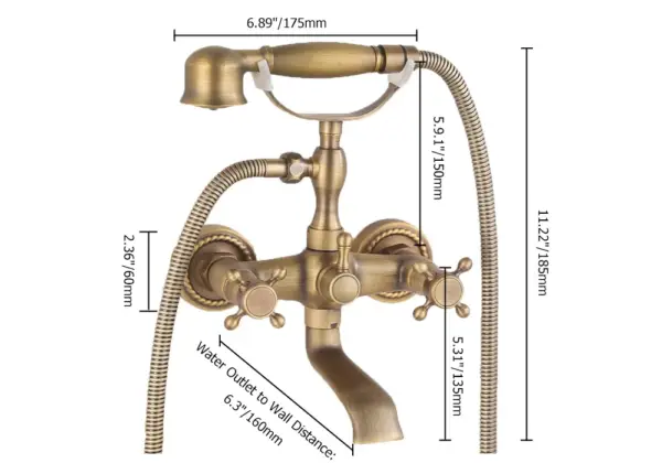 Chester Classic Style Antique Brass Wall Mount Clawfoot Tub Filler with Hand Shower - Image 13
