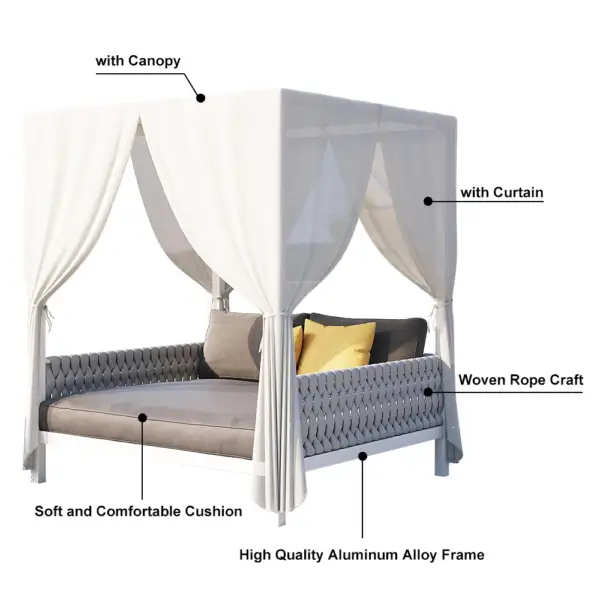 White Aluminium & Grey Woven Rope 2-Person Outdoor Patio Daybed with Canopy Curtains - Image 13