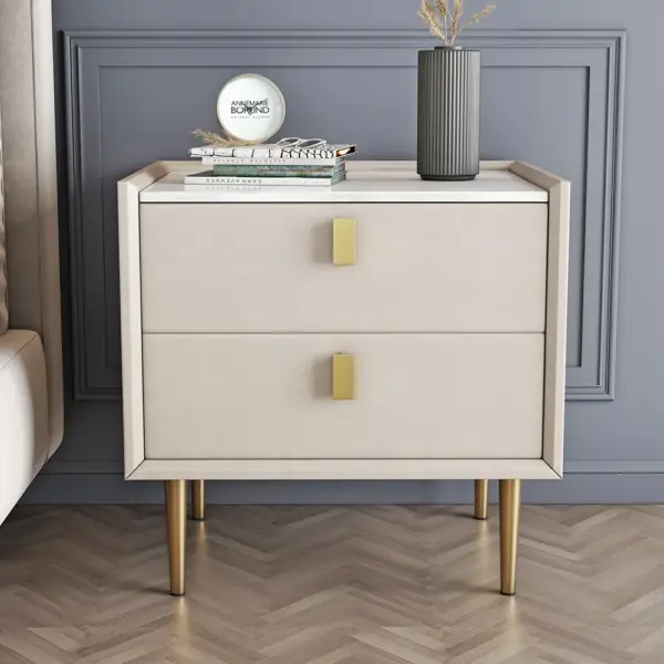 Nightstand Set of Two Modern PU Leather Bedside Table with 2 Drawers & Gold Metal Legs - Image 3