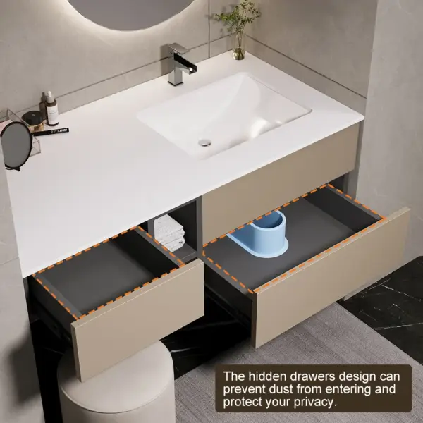 1000mm Modern Floating Bathroom Vanity Set with Single Basin & a Makeup Counter in Khaki - Image 11