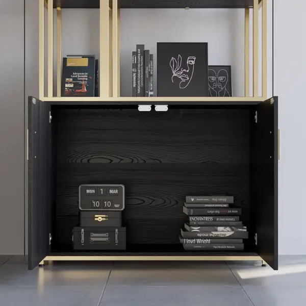 2000mm 5-Tier Black & Gold Bookshelf with 2 Doors Storage Cabinet - Image 6