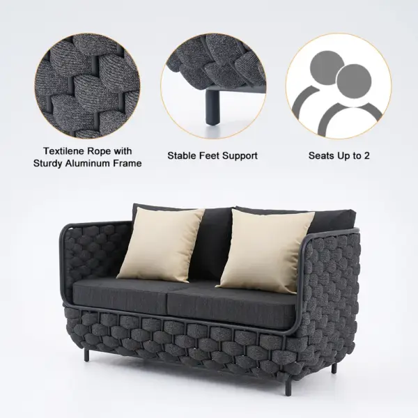 Martic 1350mm Wide Aluminium & Rope Outdoor Loveseat Patio Sofa with Cushions in Black - Image 11