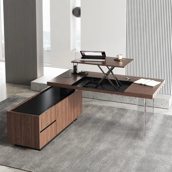 1815mm Modern Walnut Standing L-Shape Desk with Side Cabinet and lifter Desktop - Image 4