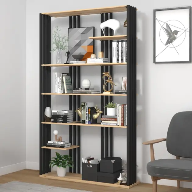 2000mm Modern Natural Etagere Bookcase 6-Tier Bookshelf Display in Black Finish