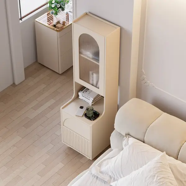 Modern Tall White Nightstand with Glass Door & Sheleves 2-Drawer Bedside Table - Image 4