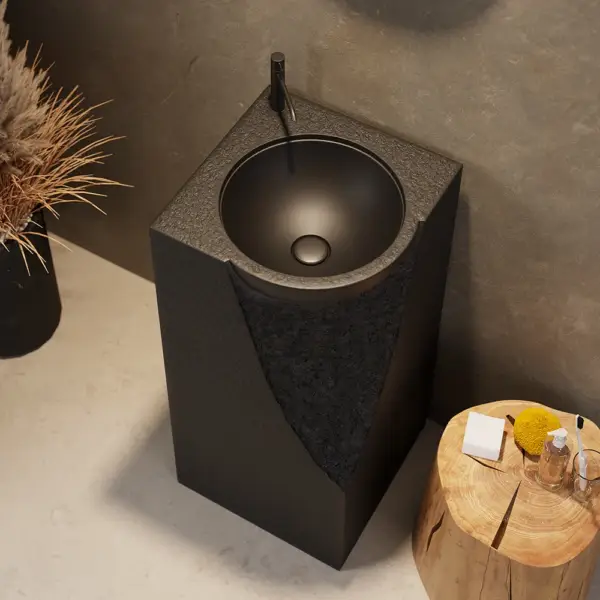 870mm Japandi Tall Stone Resin Pedestal Basin with Rounded Basin Freestanding in Black - Image 5