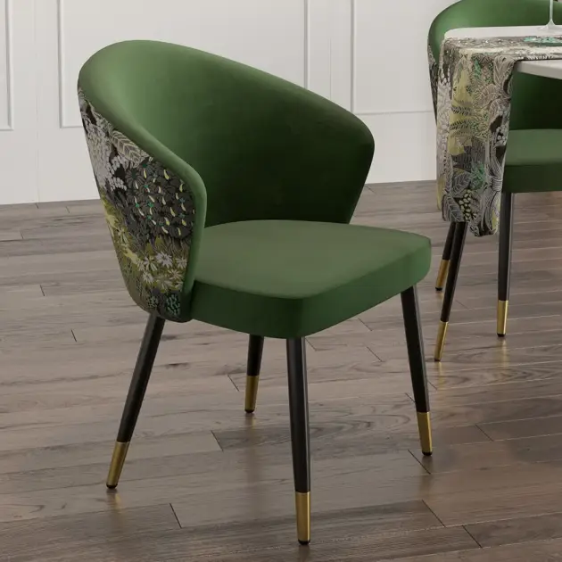 Green Upholstered Velvet Dining Chair Modern Arm Chair in Gold & Black