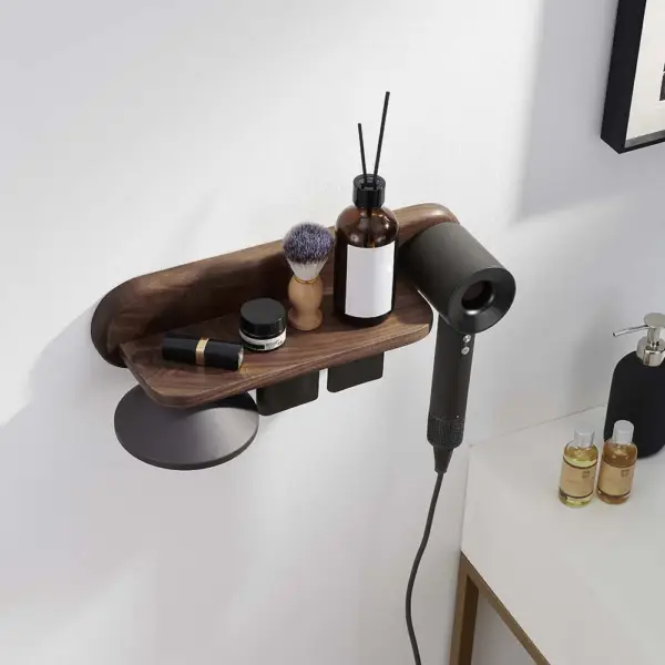 Wood Hair Dryer Holder Rack in Walnut with Accessories Storage & Shelf - Image 5