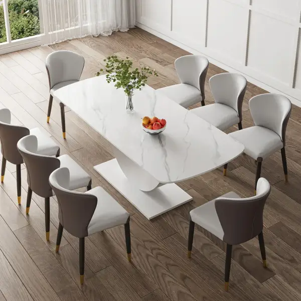 1800mm White Faux Marble Dining Table for 8 Crescent Base Sintered Stone - Image 2