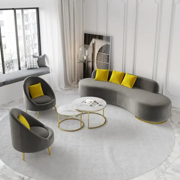 Grey Velvet Upholstered Curved Sofa Living Room Set of 3 with Pillows Chairs & 3-seater - Image 2
