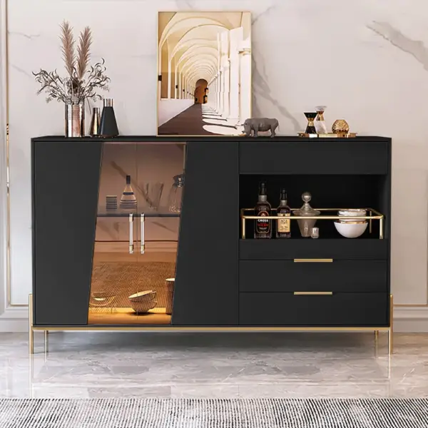 Dolawn Modern 1400mm Black Sideboard Buffet Tempered Glass Doors & Shelf Tray Wine Rack - Image 2