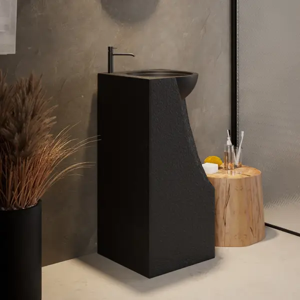 870mm Japandi Tall Stone Resin Pedestal Basin with Rounded Basin Freestanding in Black - Image 3