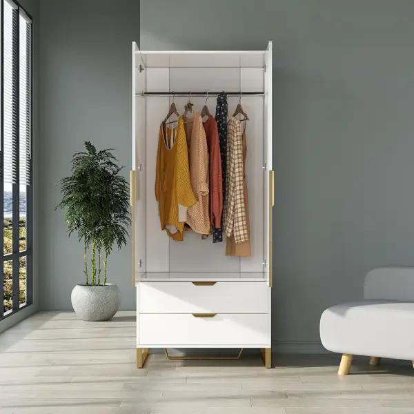 Aro Modern White Tall Wardrobe with Storage Bedroom Clothing Armoire - Image 9