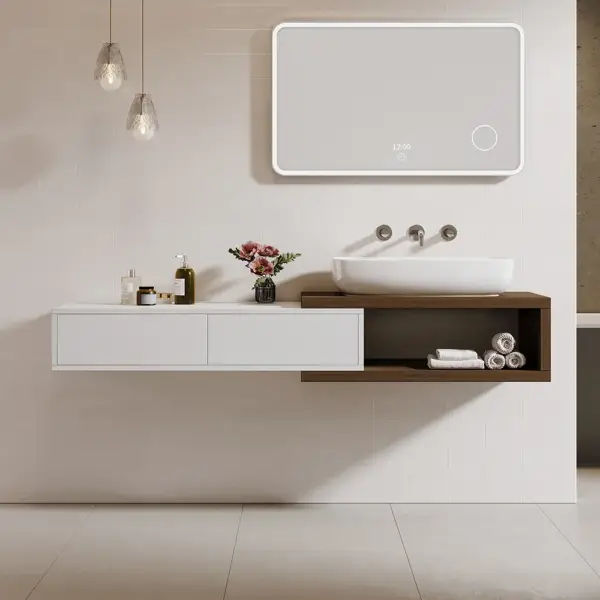 Modern Extendable Floating Bathroom Vanity Set Wall Mounted Vanity in White & Walnut - Image 2