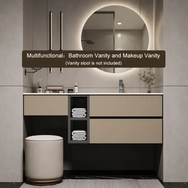 1000mm Modern Floating Bathroom Vanity Set with Single Basin & a Makeup Counter in Khaki - Image 9