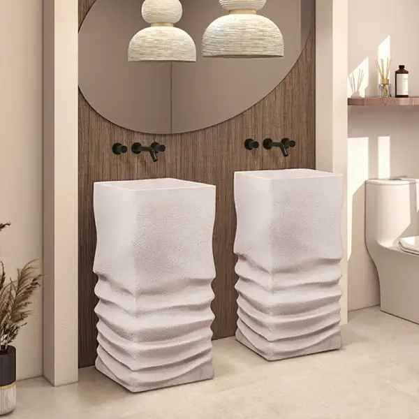 850mm Tall Japandi Stone Resin Pedestal Bathroom Basin Freestanding Basin in Beige - Image 6
