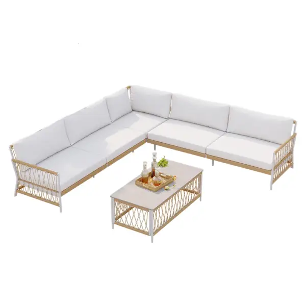 Ropipe 4 Pieces L Shape Woven Rope Outdoor Sectional Sofa Set in Khaki & White For 5 - Image 8