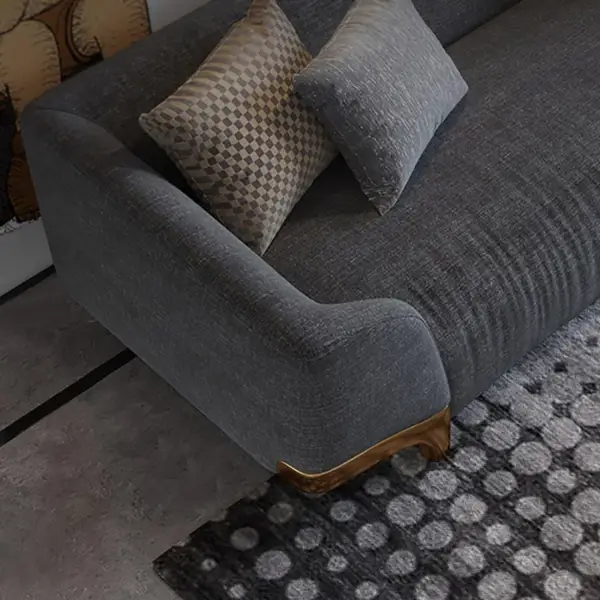 2200mm Grey 3-Seat Cotton & Linen Upholstered Sofa with Pillows Gold Legs - Image 5