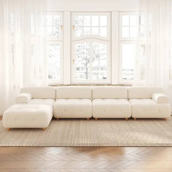 Modern L-Shaped Modular White Boucle Corner Sectional Sofa Loveseat with Wood Legs - Image 5