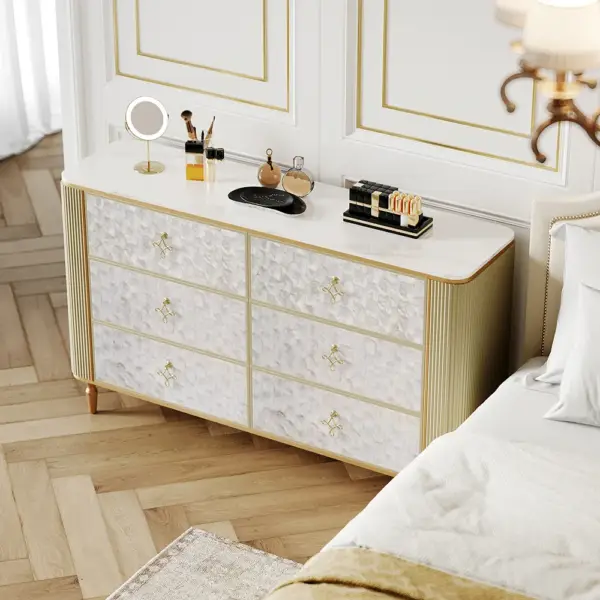Art Deco 6 Drawer Dresser Capiz Shell Beige Chest Storag Cabinet with Sintered Stone Top - Image 3