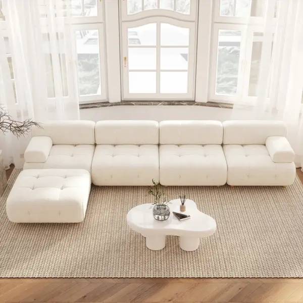 Modern L-Shaped Modular White Boucle Corner Sectional Sofa Loveseat with Wood Legs - Image 3