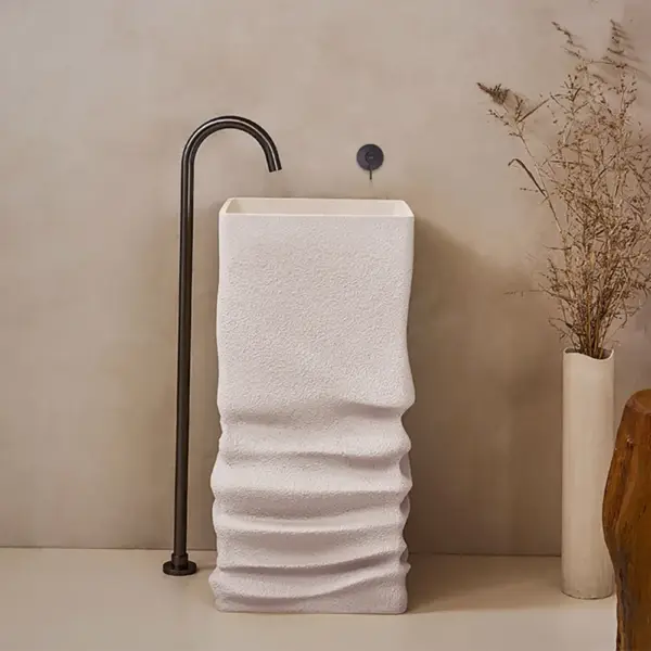 850mm Tall Japandi Stone Resin Pedestal Bathroom Basin Freestanding Basin in Beige