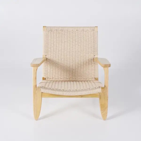 Japandi Solid Wood Outdoor Patio Lounge Chair Armchair Kraft Paper Rope Woven Seat - Image 7