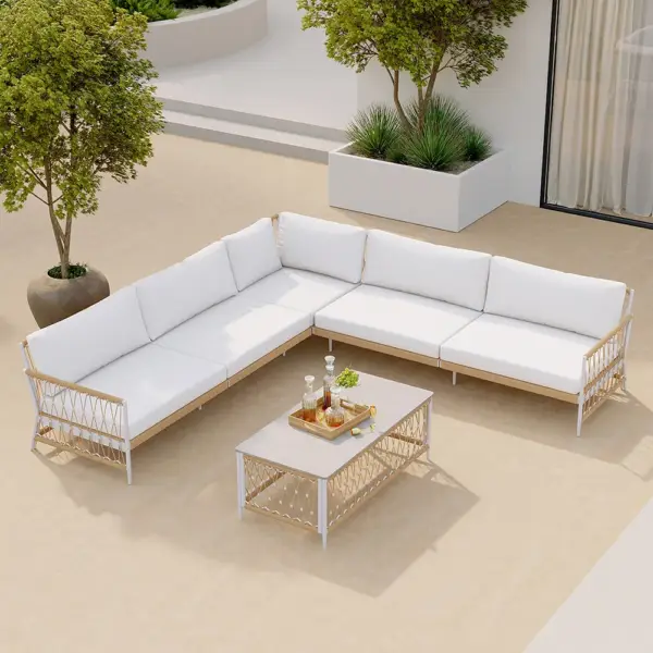 Ropipe 4 Pieces L Shape Woven Rope Outdoor Sectional Sofa Set in Khaki & White For 5 - Image 2
