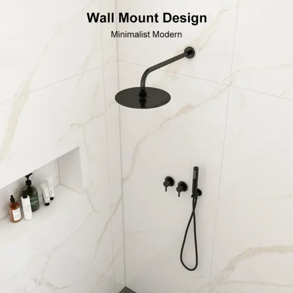 250mm Wall-Mounted Round Black Shower Set 2-Function with Hand Shower - Image 12