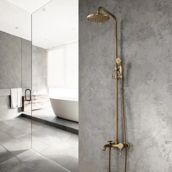Antique Brass Single Lever Exposed Rain Shower System with Hand Shower & Bath Filler - Image 7