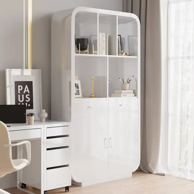 2010mm White Bookcase with Doors Modern Etagere Bookcase with Drawers