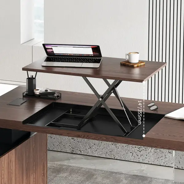1815mm Modern Walnut Standing L-Shape Desk with Side Cabinet and lifter Desktop - Image 9
