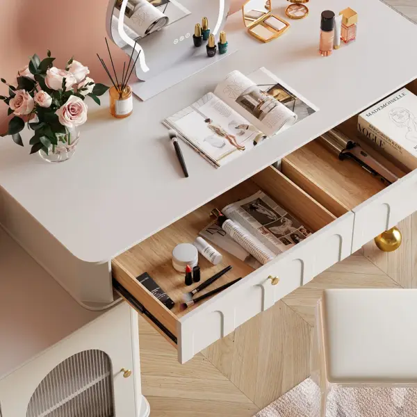 Modern White Makeup Vanity Set Dressing Table with Lighted Mirror & Cabinet & Stool - Image 4