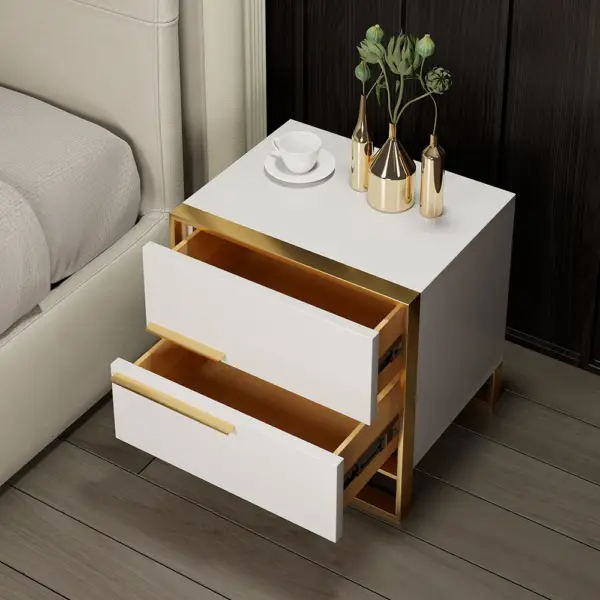 Nightstand Set of 2 White Square Bedside Table with 2 Drawers Minimalist Design in Gold - Image 6
