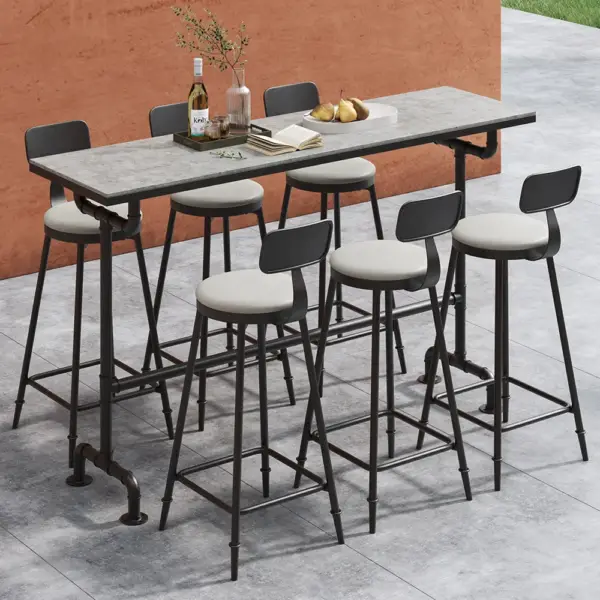 7 Pieces Rectangle Outdoor Patio Bar Dining Set with Teak Table and Chairs for 6 Person