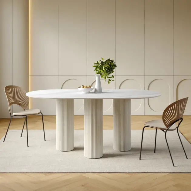 1400mm Modern Oval Stone Top Dining Table 3 Legs in White