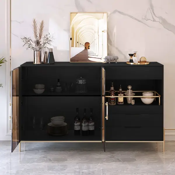 Dolawn Modern 1400mm Black Sideboard Buffet Tempered Glass Doors & Shelf Tray Wine Rack - Image 9